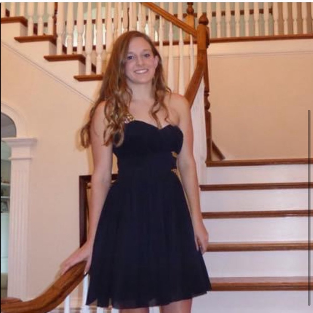 Navy one shoulder prom dress